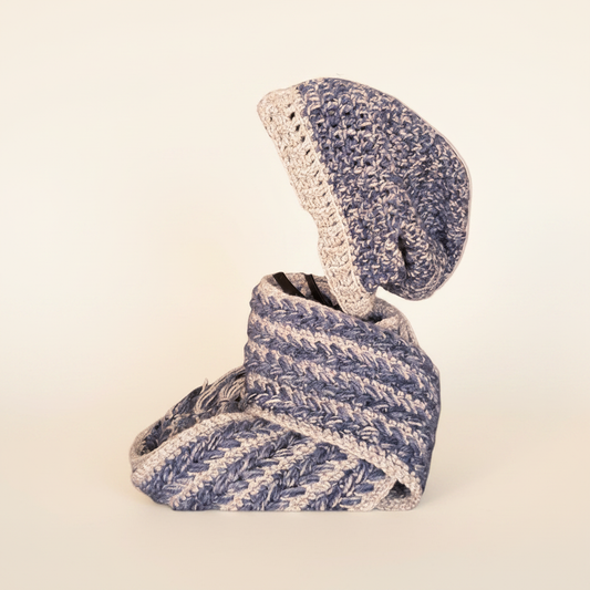 Denim & Grey Winter Set – Slouchy Beanie + Extra-Long Scarf