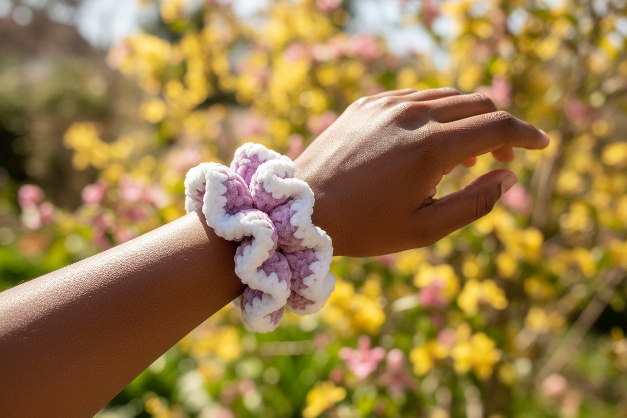 Black woman wearing lavender and white scrunchie on wrist