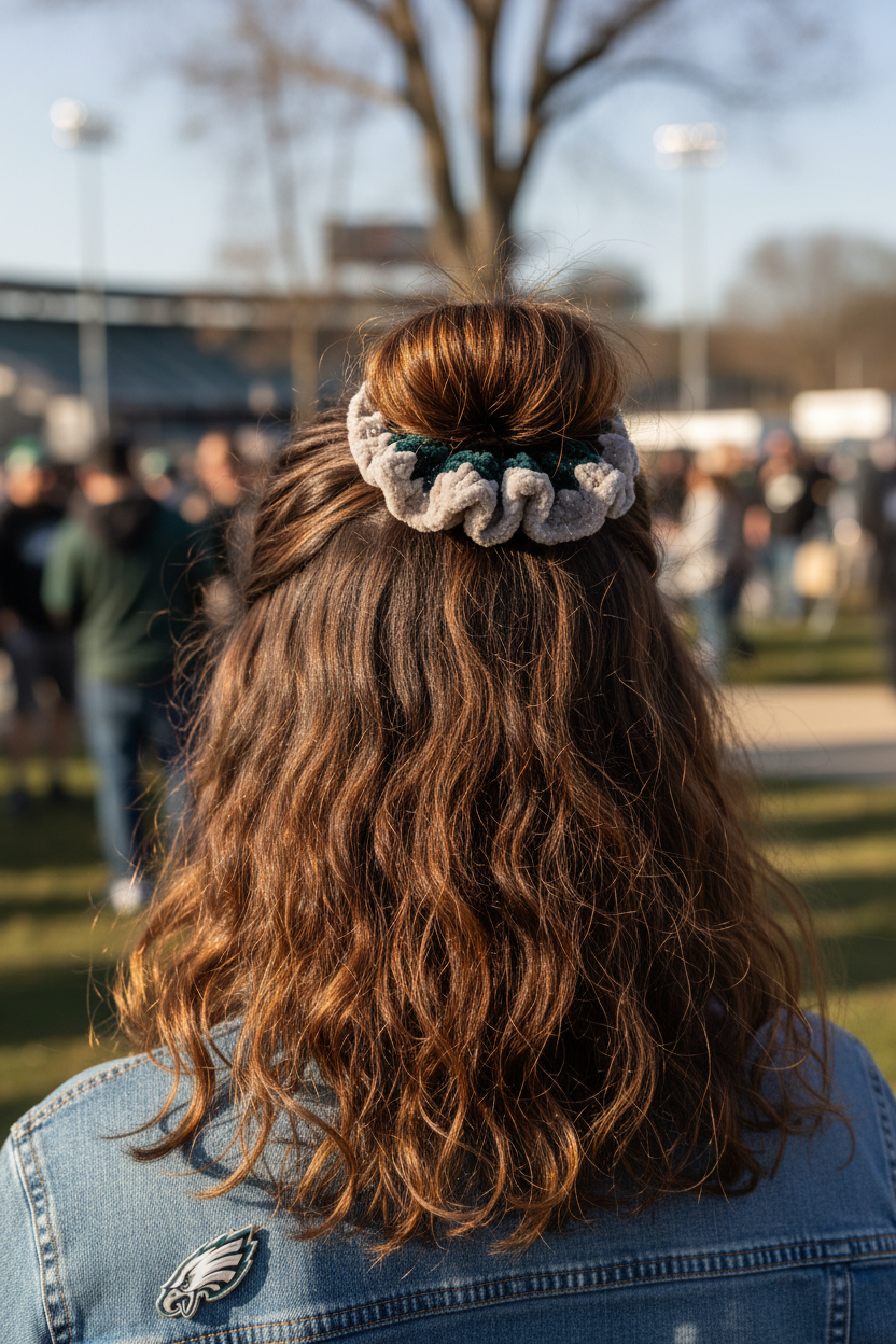 Latina woman with thick hair in messy bun wearing Eagles scrunchie