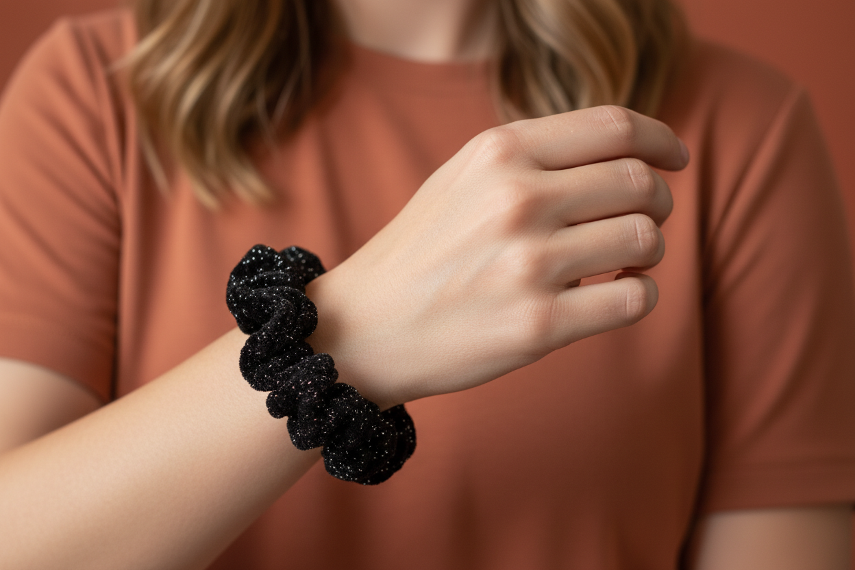 Woman with light brown hair wearing black sparkle scrunchie on wrist