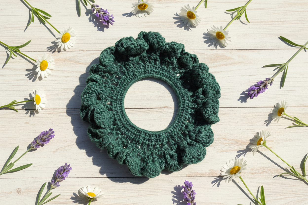Forest green cotton summer hair tie flat lay
