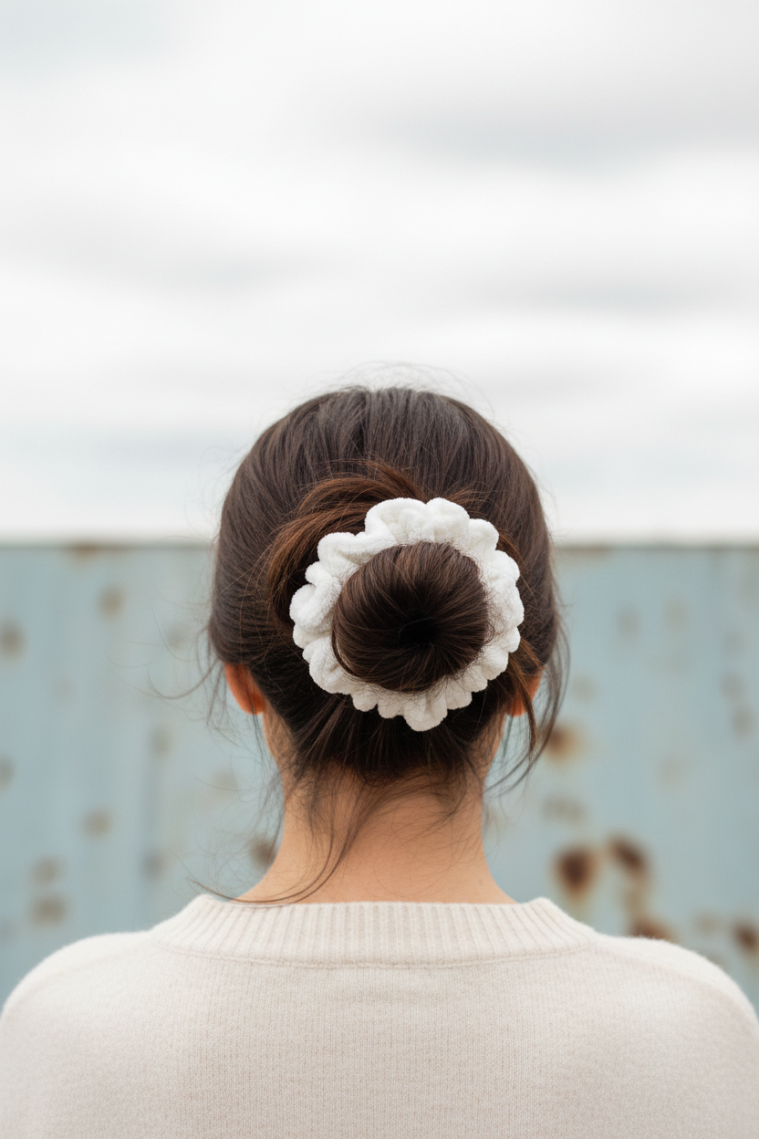 White velvet scrunchie messy bun back view