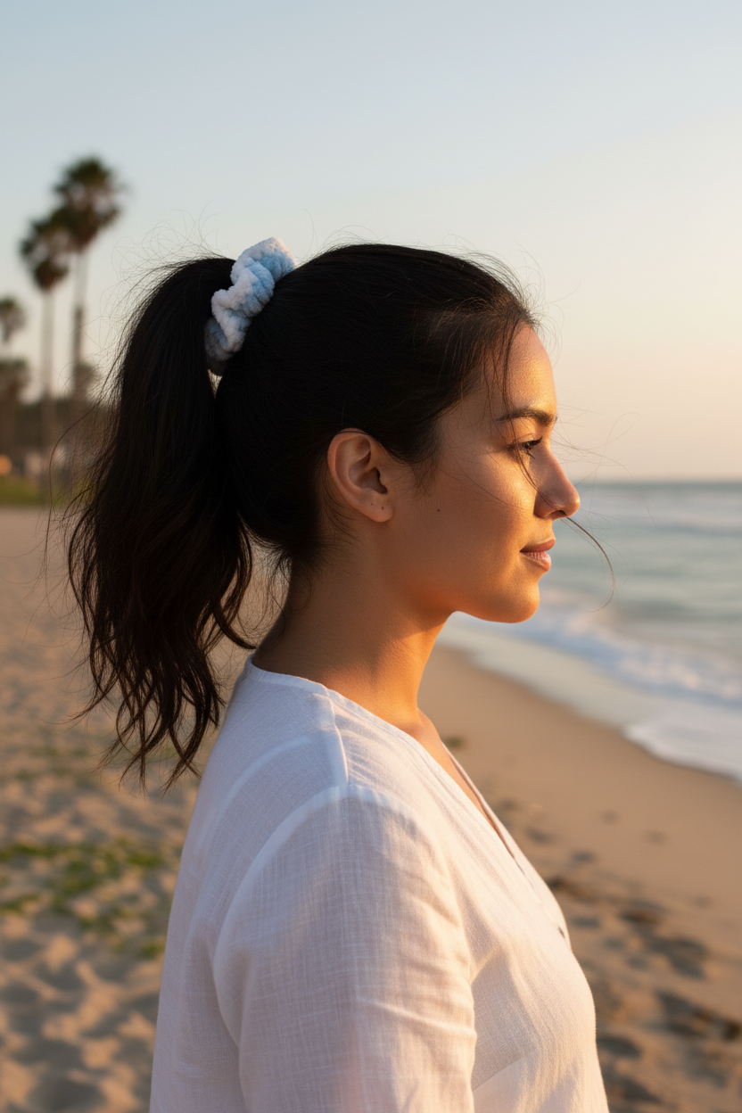 Hispanic woman in summer setting wearing sky blue and white scrunchie