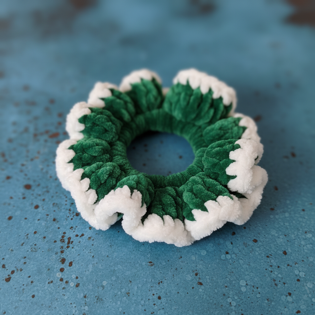 Forest green and white two-tone velvet scrunchie on patina blue background