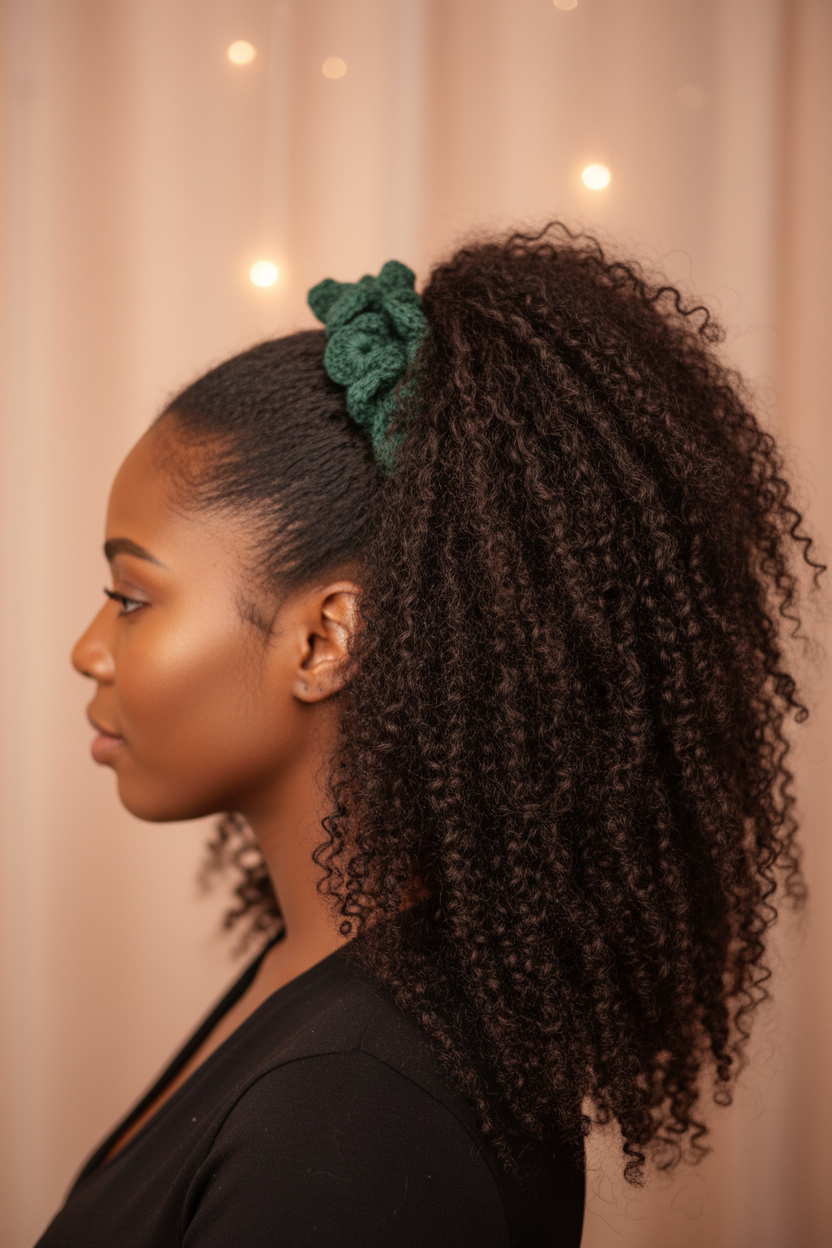 Black woman with thick hair in ponytail wearing forest green cotton hair tie