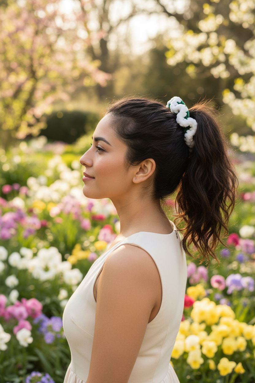 Hispanic woman in spring garden wearing forest green and white scrunchie