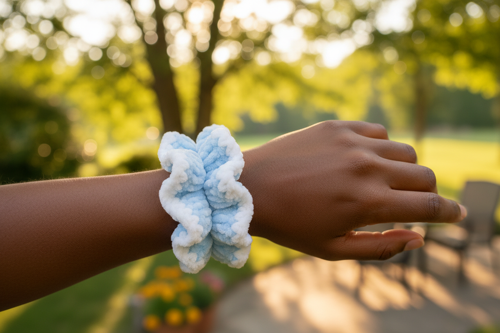 Black woman wearing sky blue and white scrunchie on wrist