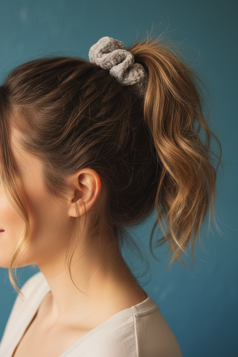 Grey sparkle scrunchie ponytail side view