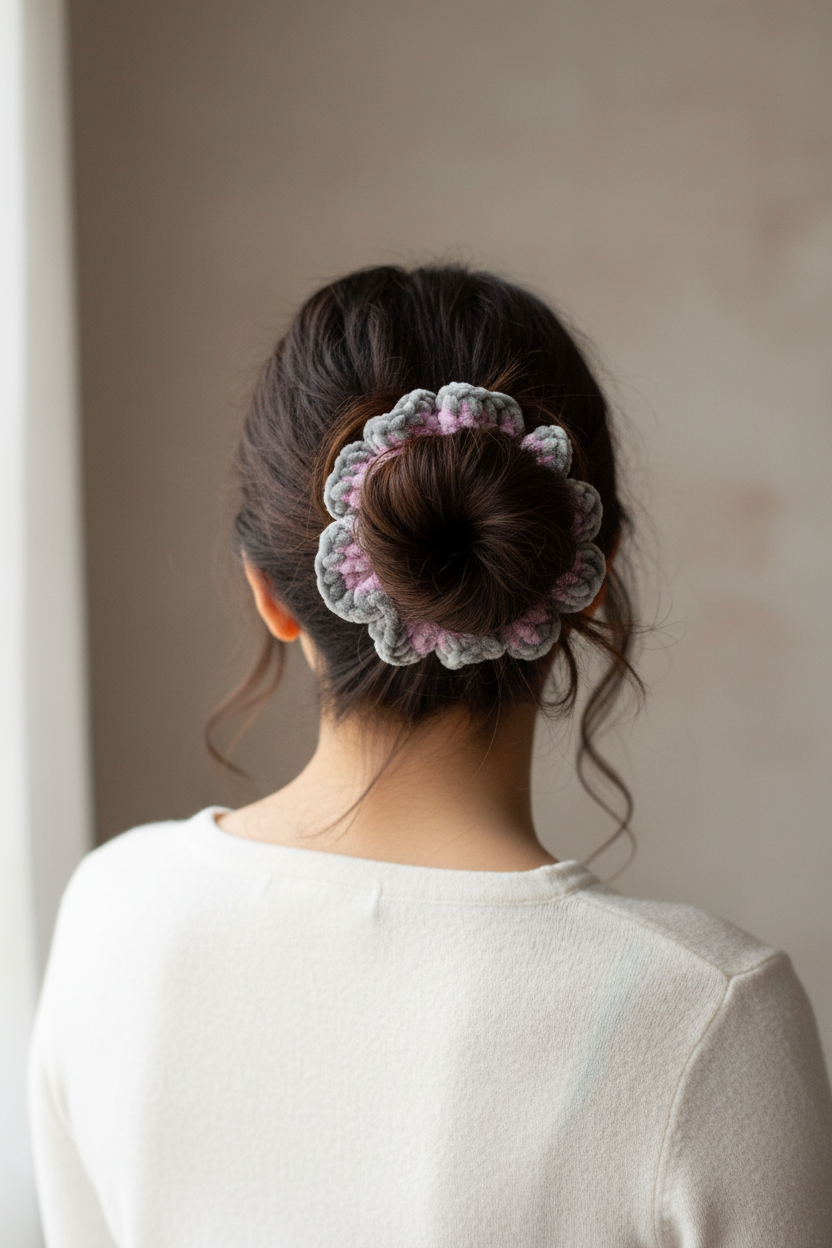 Hispanic woman with thick hair in messy bun wearing lavender and grey scrunchie