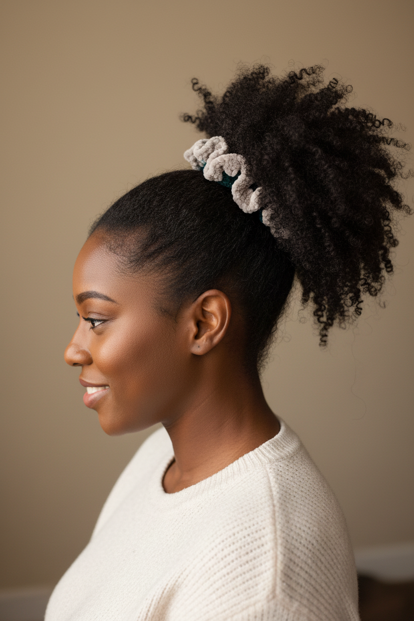 Black woman with thick hair in ponytail wearing Eagles scrunchie
