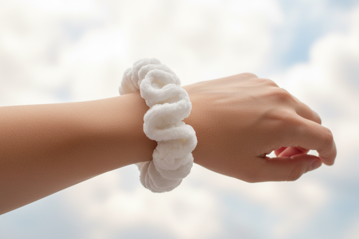 White velvet scrunchie wrist shot