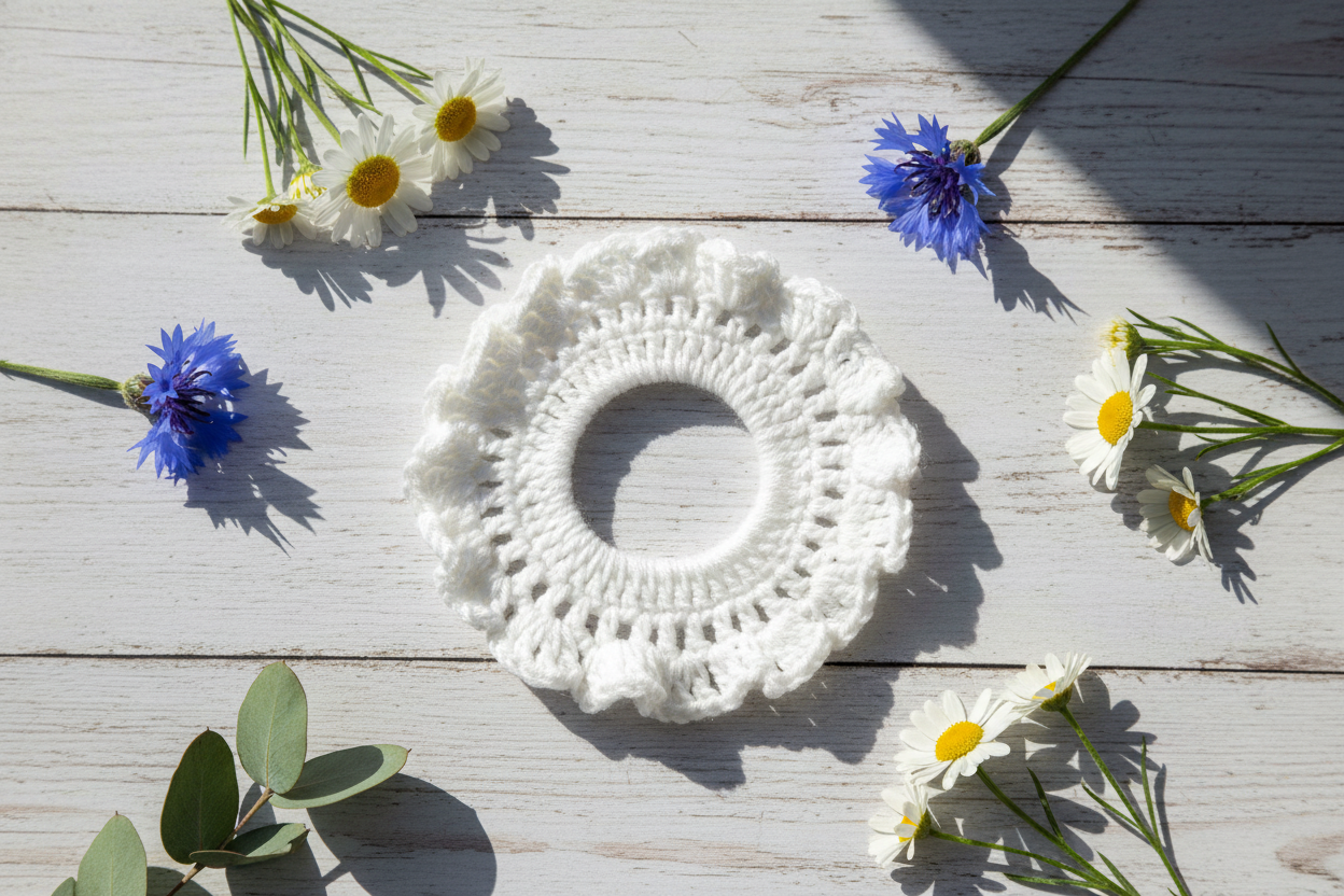 White cotton summer hair tie flat lay with flowers