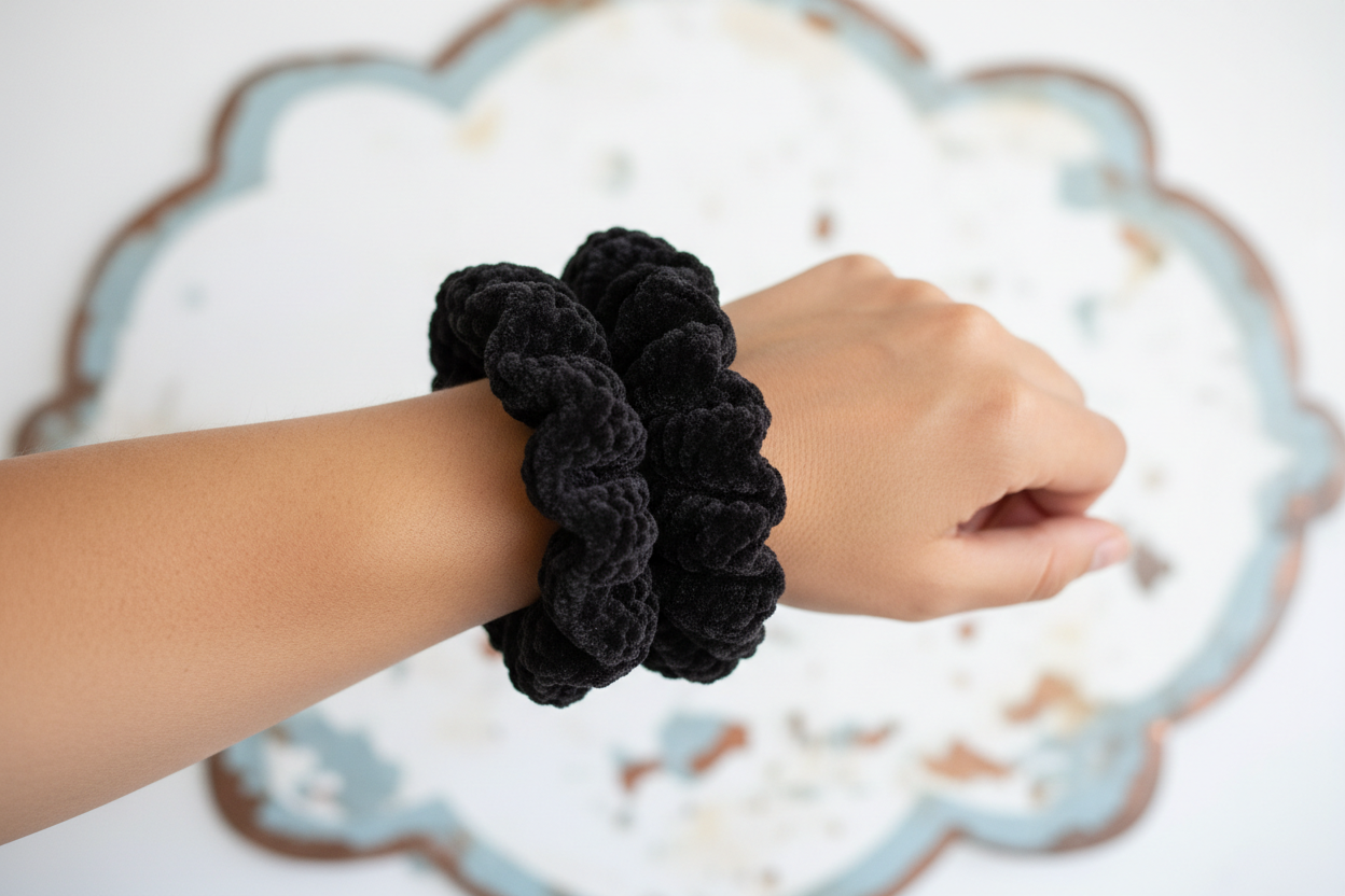 Black velvet scrunchie wrist shot