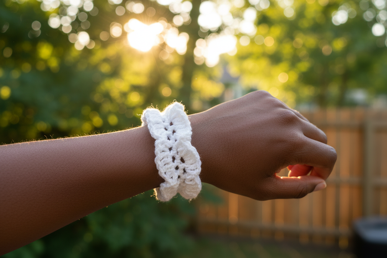 Black woman wearing white cotton summer hair tie on wrist
