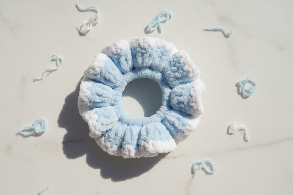 Sky blue and white two-tone scrunchie flat lay