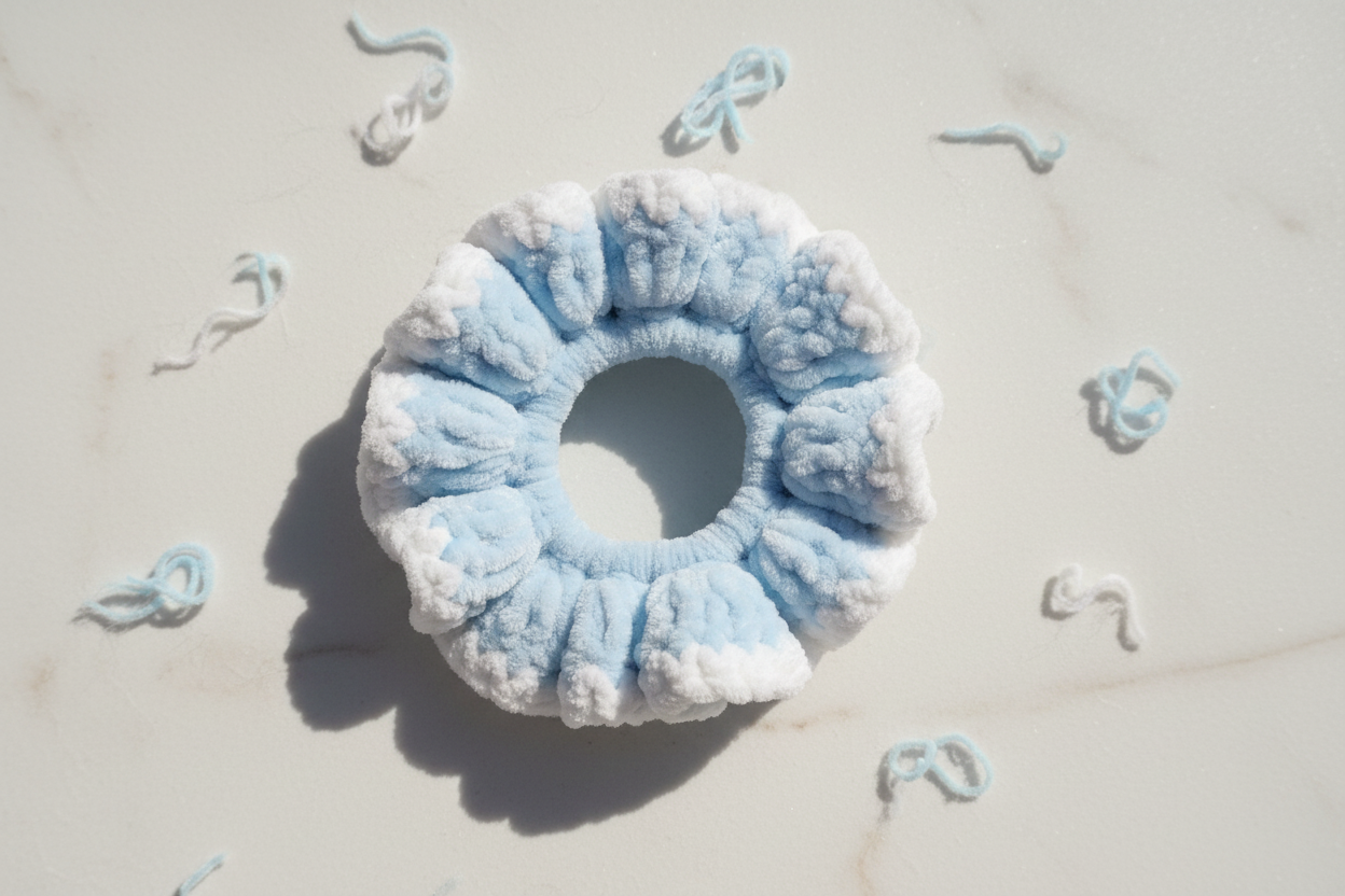 Sky blue and white two-tone scrunchie flat lay