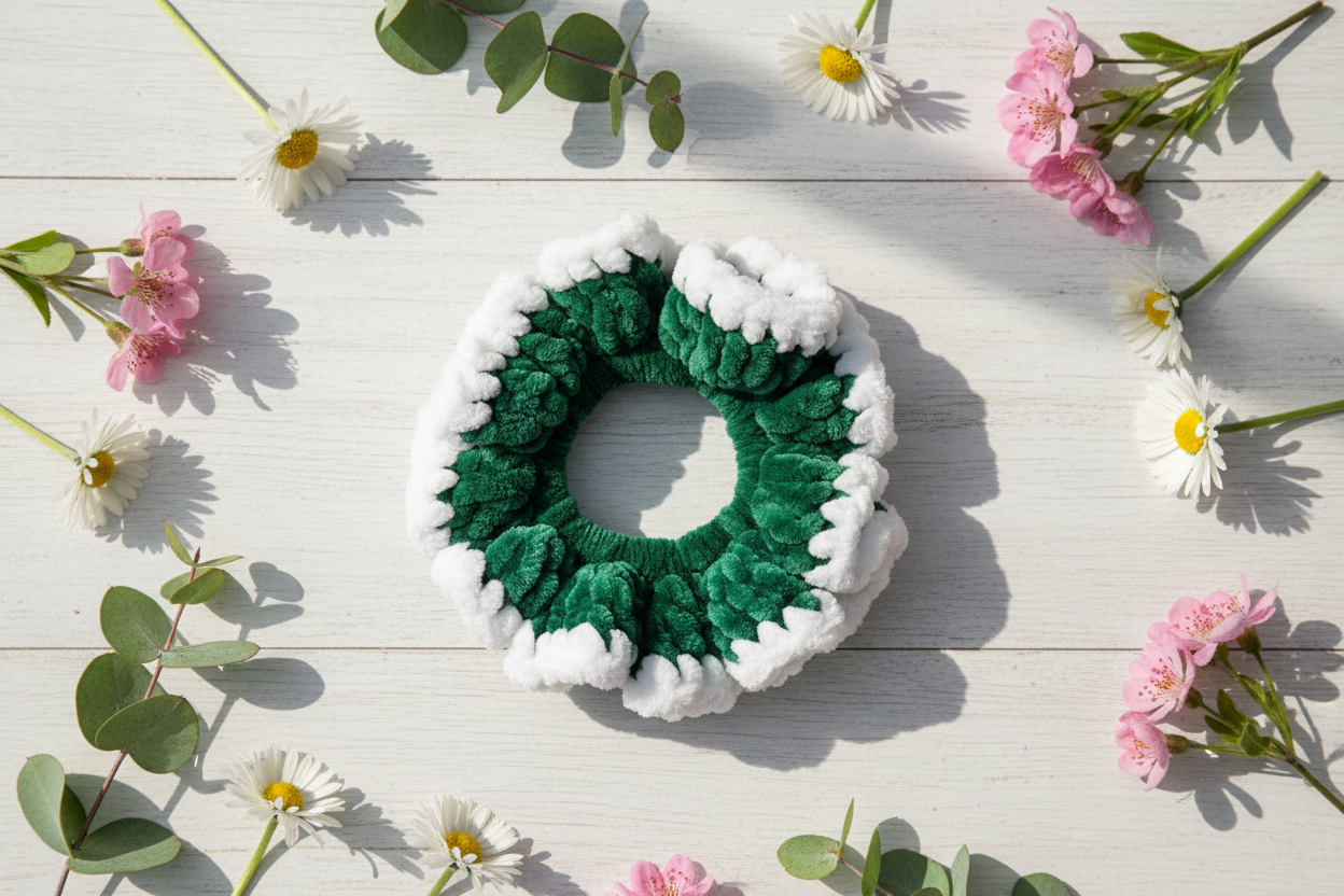 Forest green and white two-tone scrunchie flat lay with spring flowers