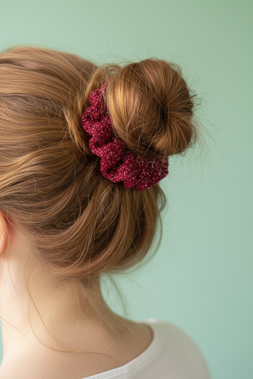 Woman with auburn hair in messy bun wearing burgundy sparkle summer scrunchie