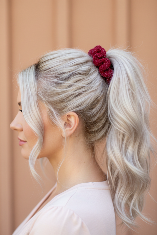 Blonde woman with ponytail wearing burgundy sparkle summer scrunchie