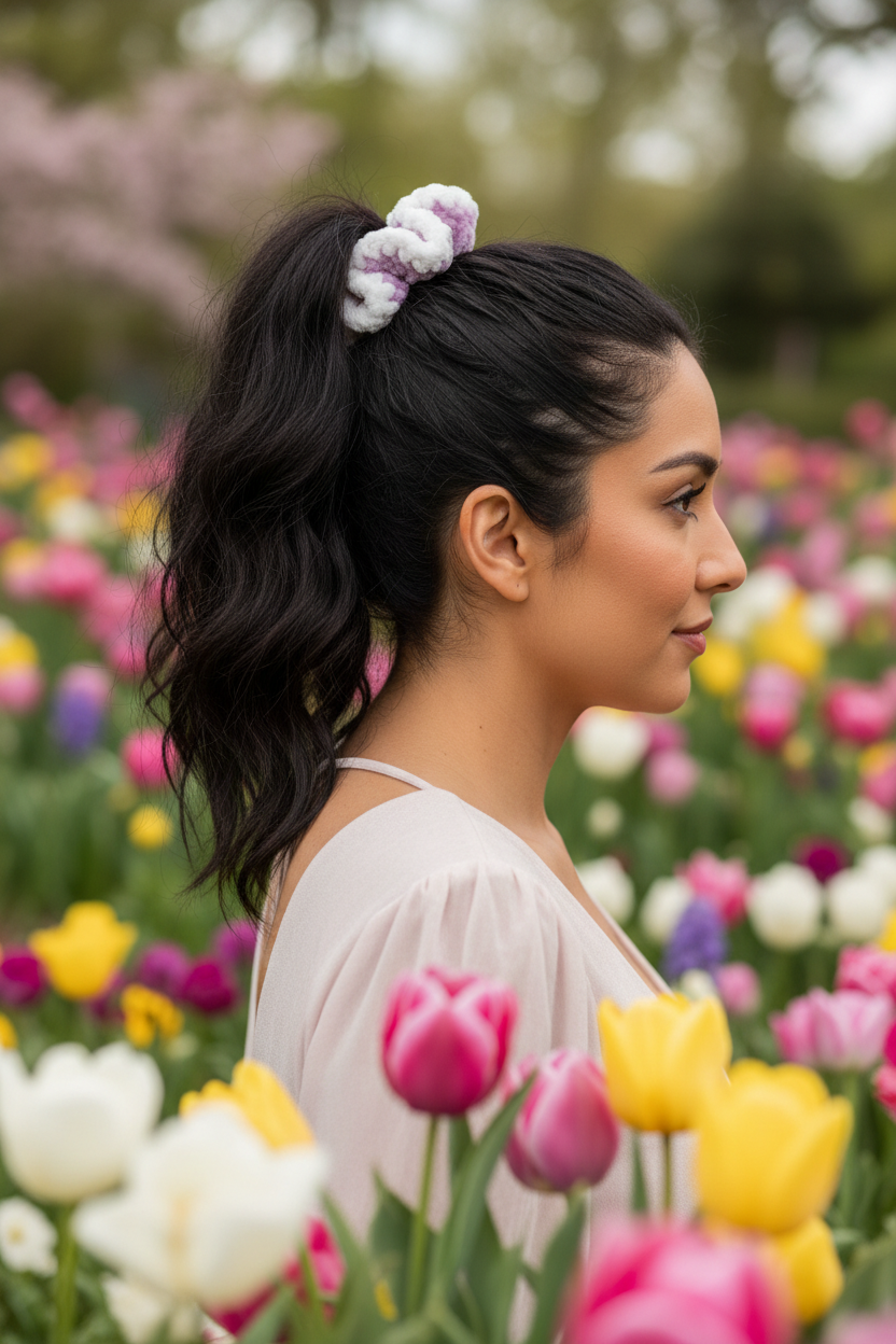 Hispanic woman in spring garden wearing lavender and white scrunchie