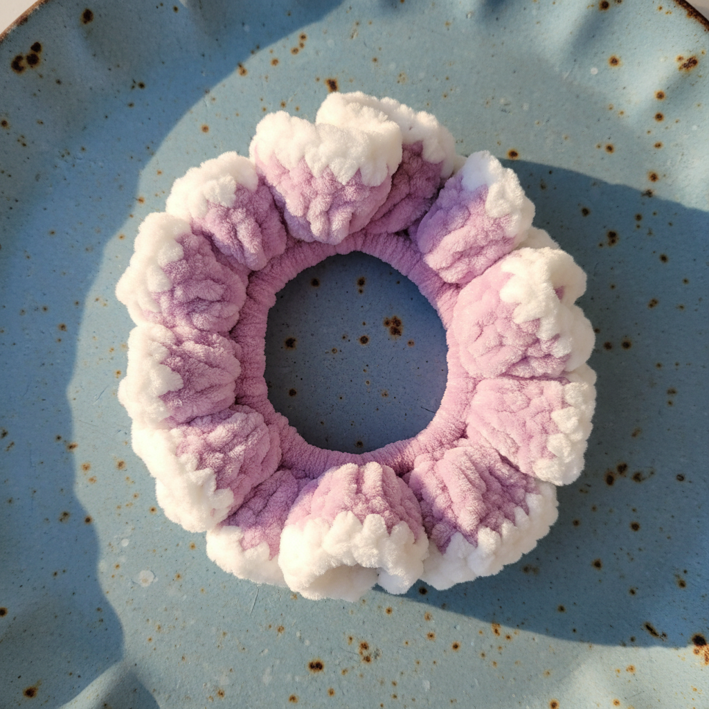 Soft lavender and white two-tone velvet scrunchie on patina blue background
