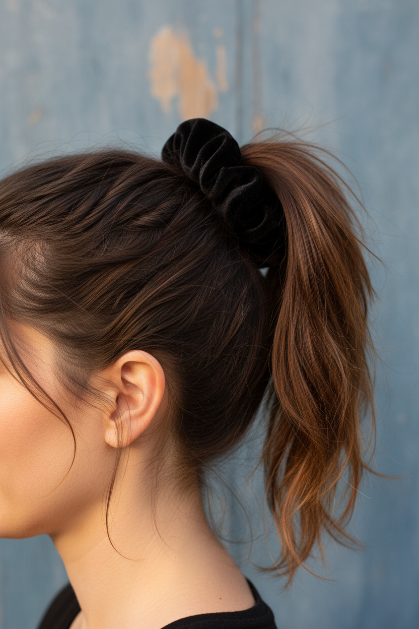 Black velvet scrunchie ponytail side view