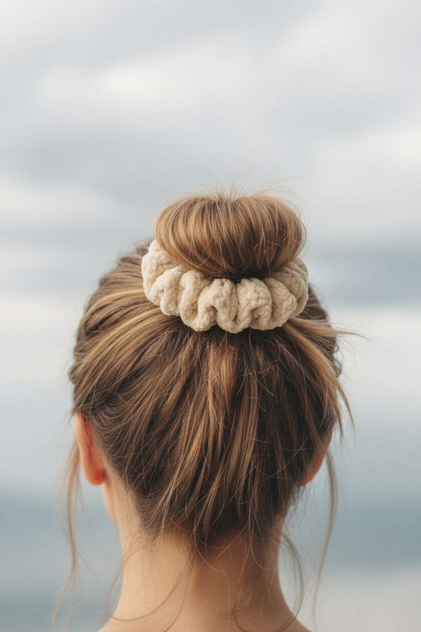 Golden sparkle scrunchie messy bun back view