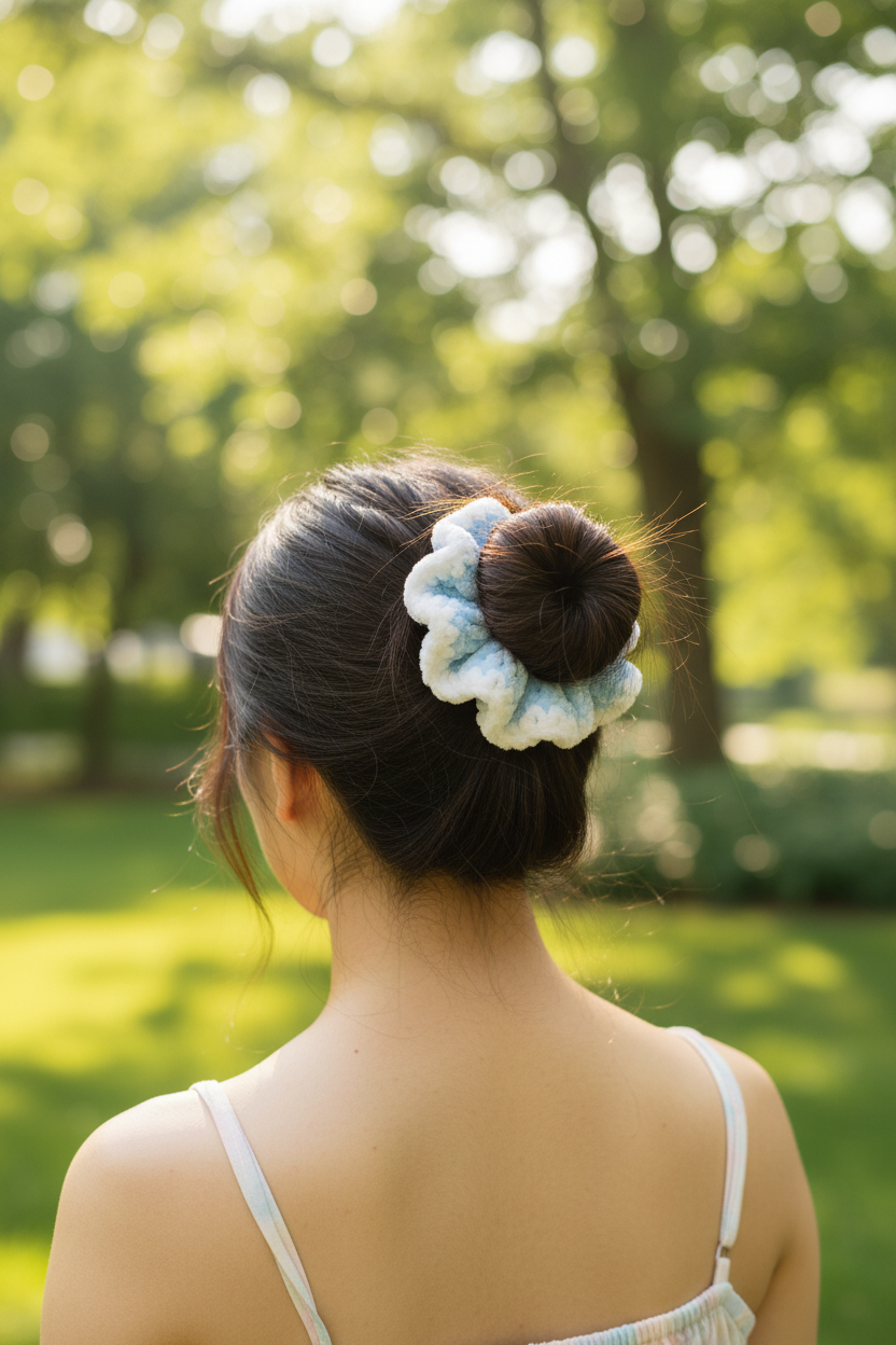 Asian woman with messy bun wearing sky blue and white scrunchie