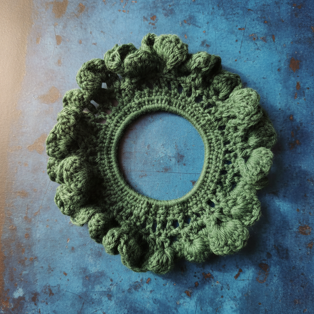 Forest green cotton summer hair tie on patina blue background