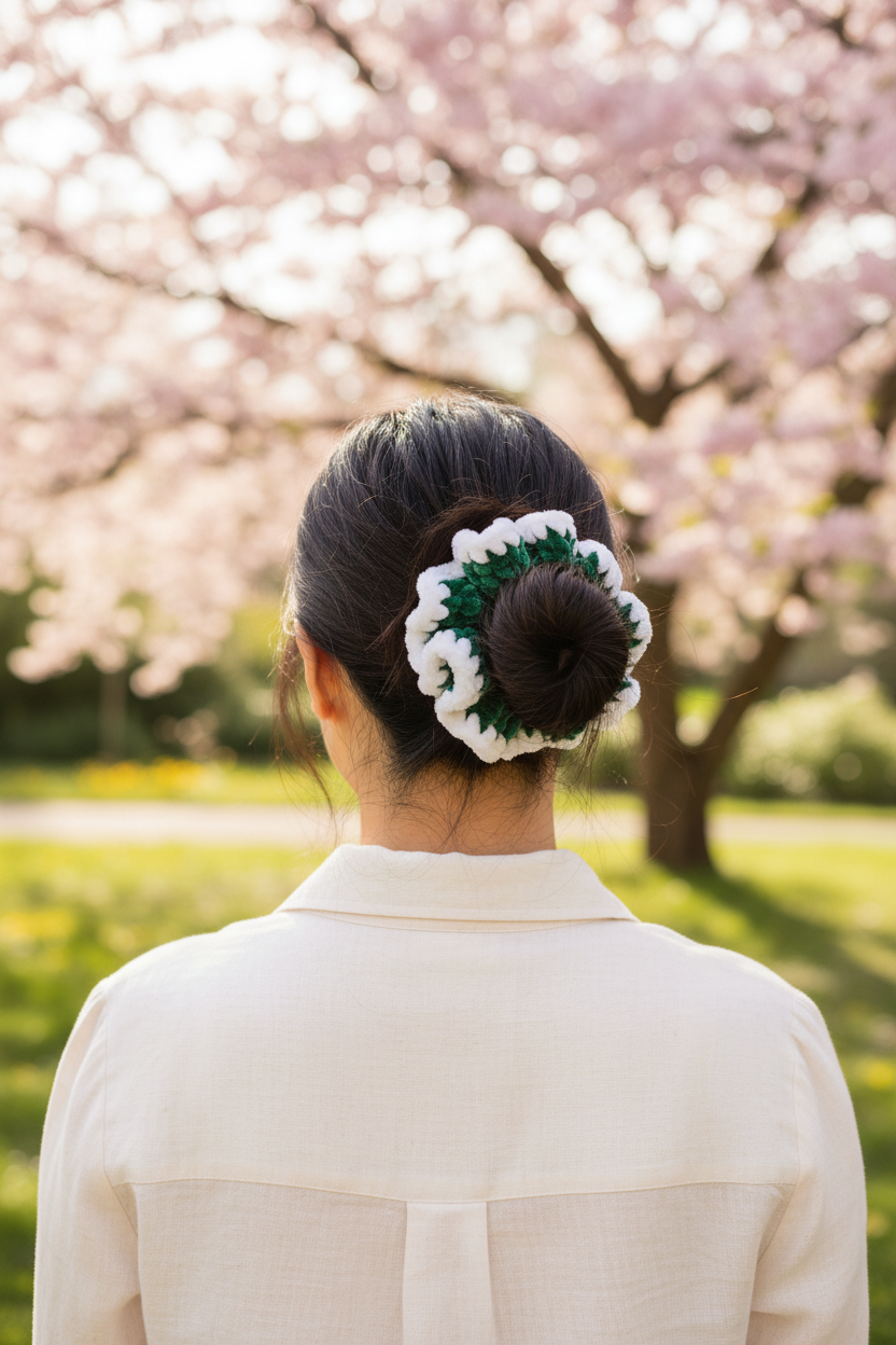 Asian woman with messy bun wearing forest green and white scrunchie