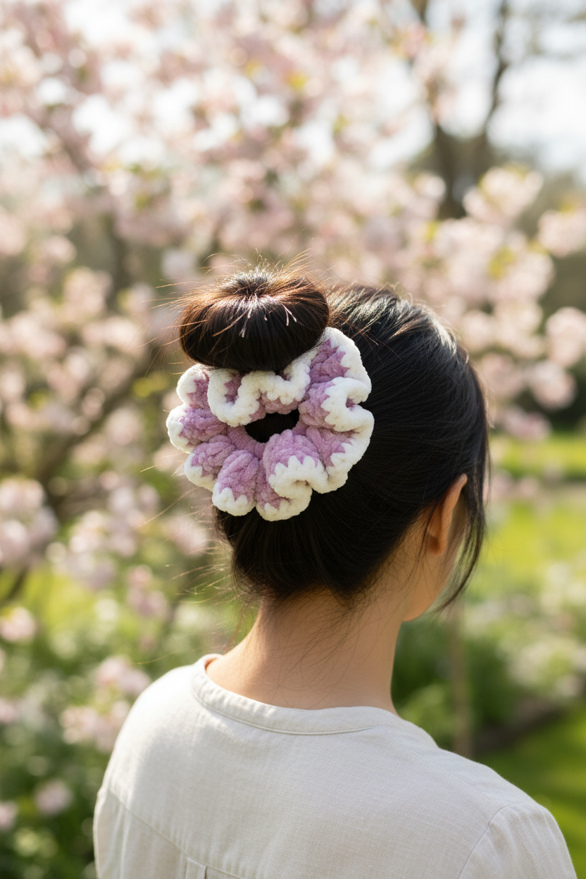 Asian woman with messy bun wearing lavender and white scrunchie