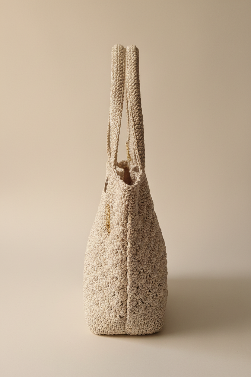 Shell Stitch Tote Bag – Ivory & Gold Metallic