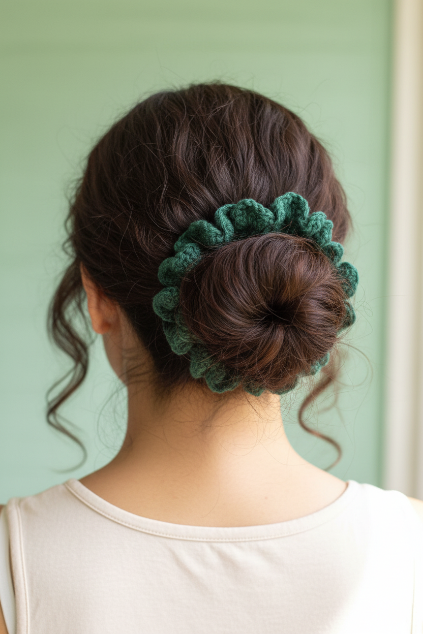 Latina woman with thick hair in messy bun wearing forest green cotton hair tie