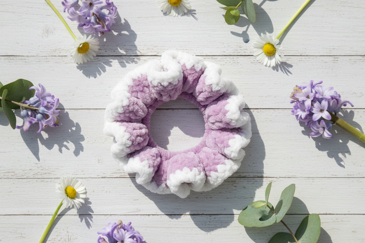 Lavender and white two-tone scrunchie flat lay with spring flowers