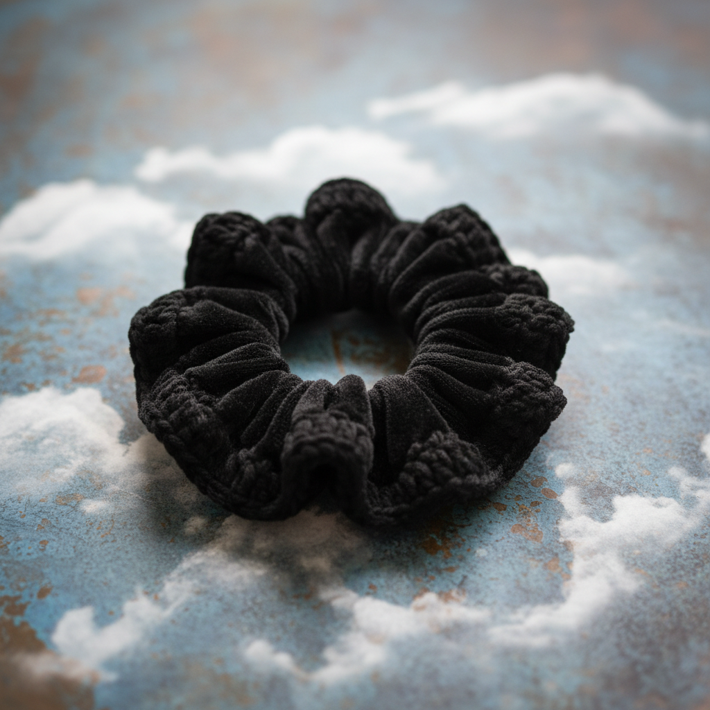 Black velvet scrunchie on patina blue background