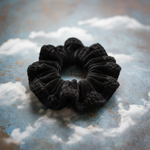 Black velvet scrunchie on patina blue background