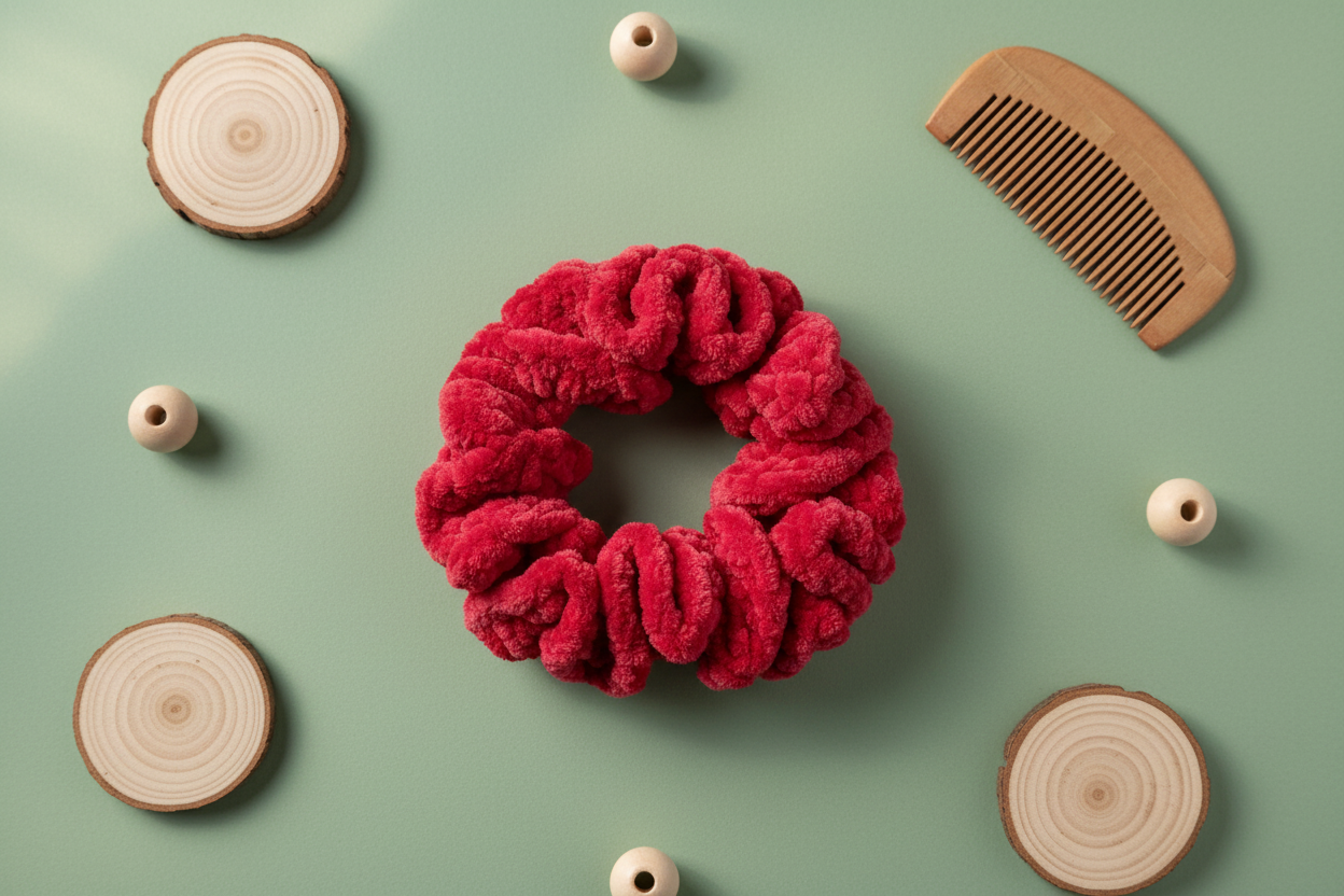 Cherry red velvet scrunchie flat lay
