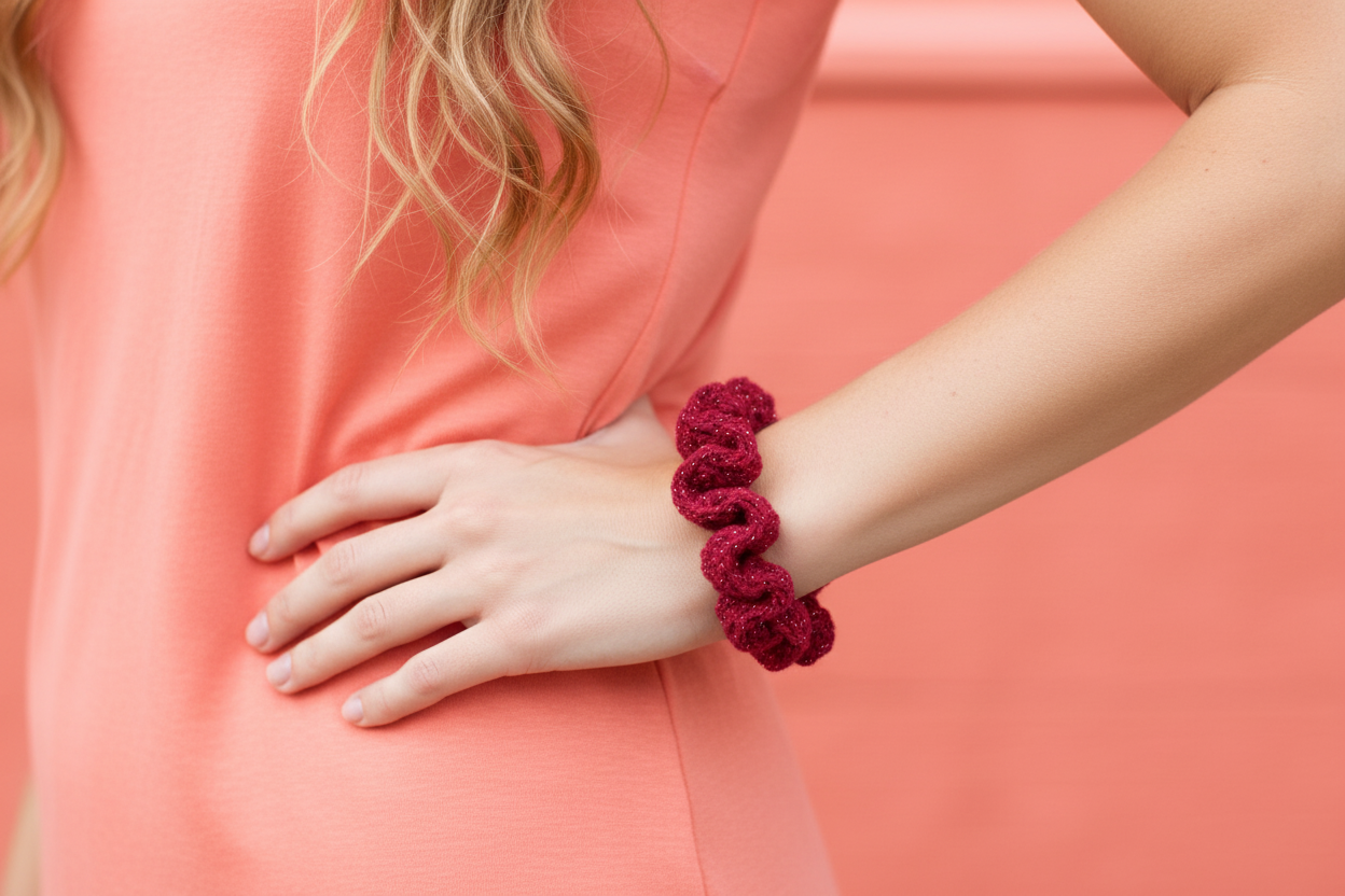 Woman with light brown hair wearing burgundy sparkle summer scrunchie on wrist