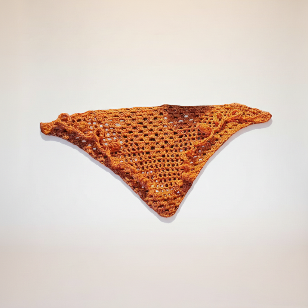 Handcrafted orange granny square triangle crochet bandana on soft cream seamless background