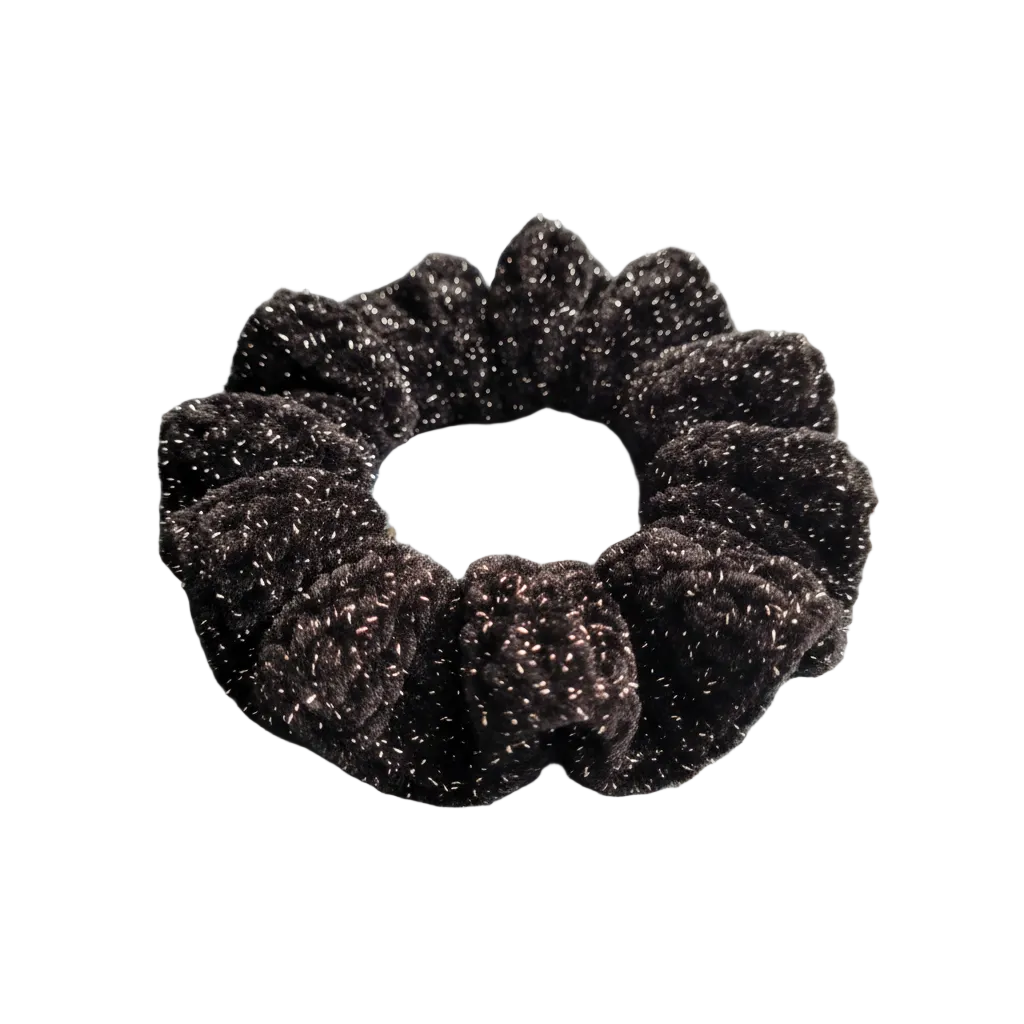 Black sparkle scrunchie on patina blue background
