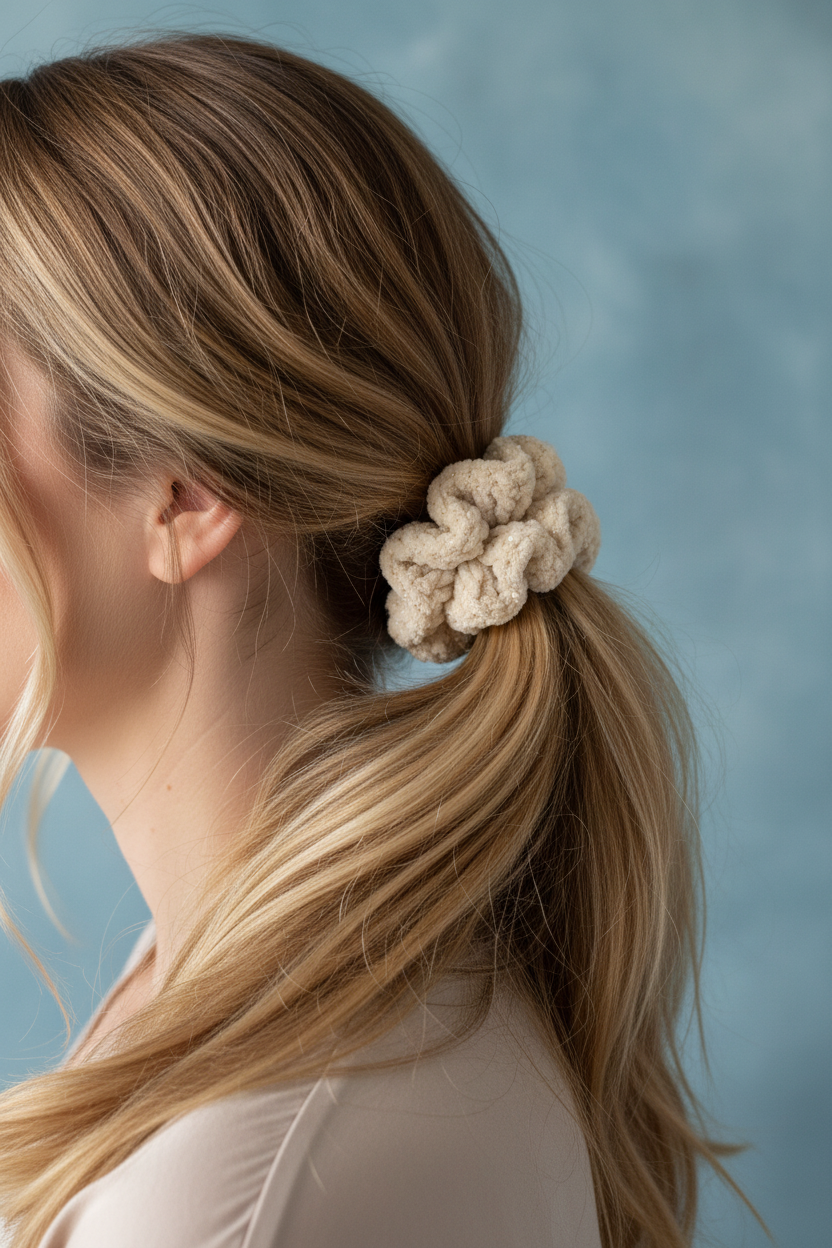 Golden sparkle scrunchie ponytail side view