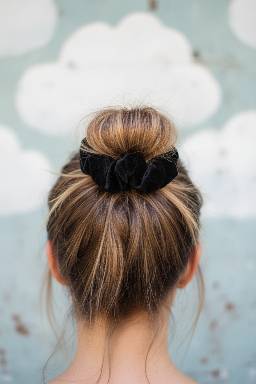Black velvet scrunchie messy bun back view
