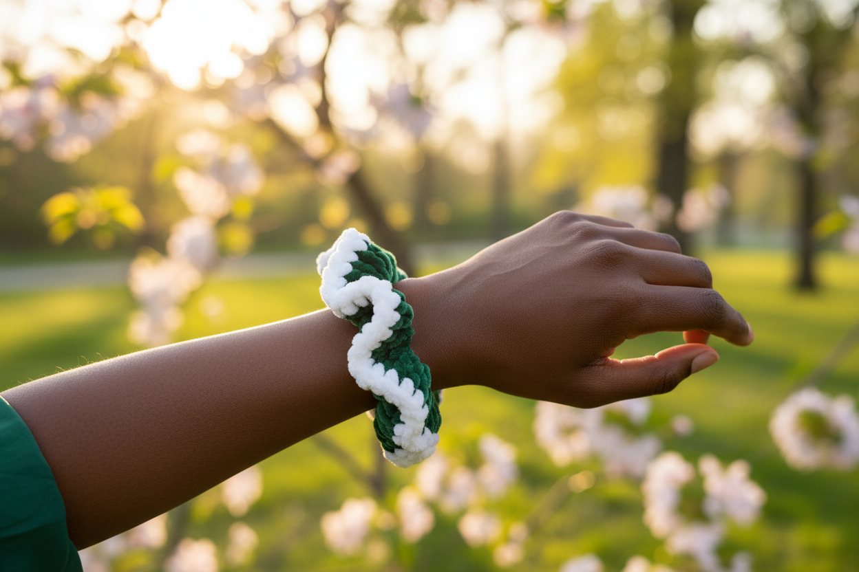 Black woman wearing forest green and white scrunchie on wrist