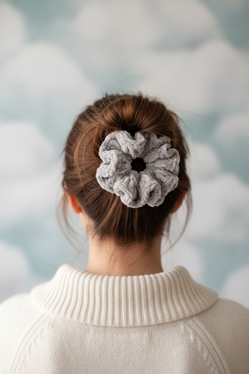 Grey sparkle scrunchie messy bun back view