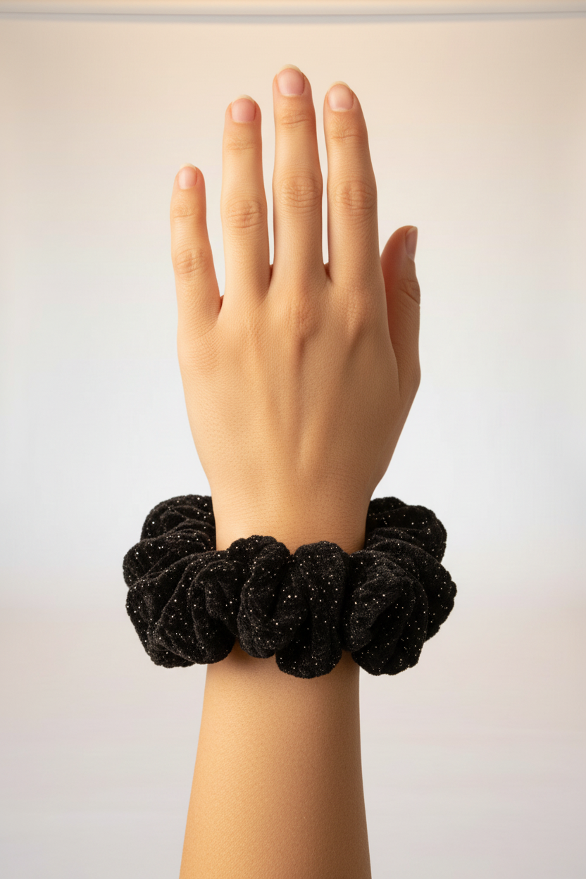 Jumbo Black Velvet Sparkle Scrunchie - Hand View