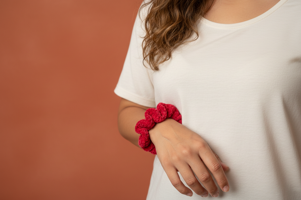 Latina woman with cherry red velvet scrunchie on wrist