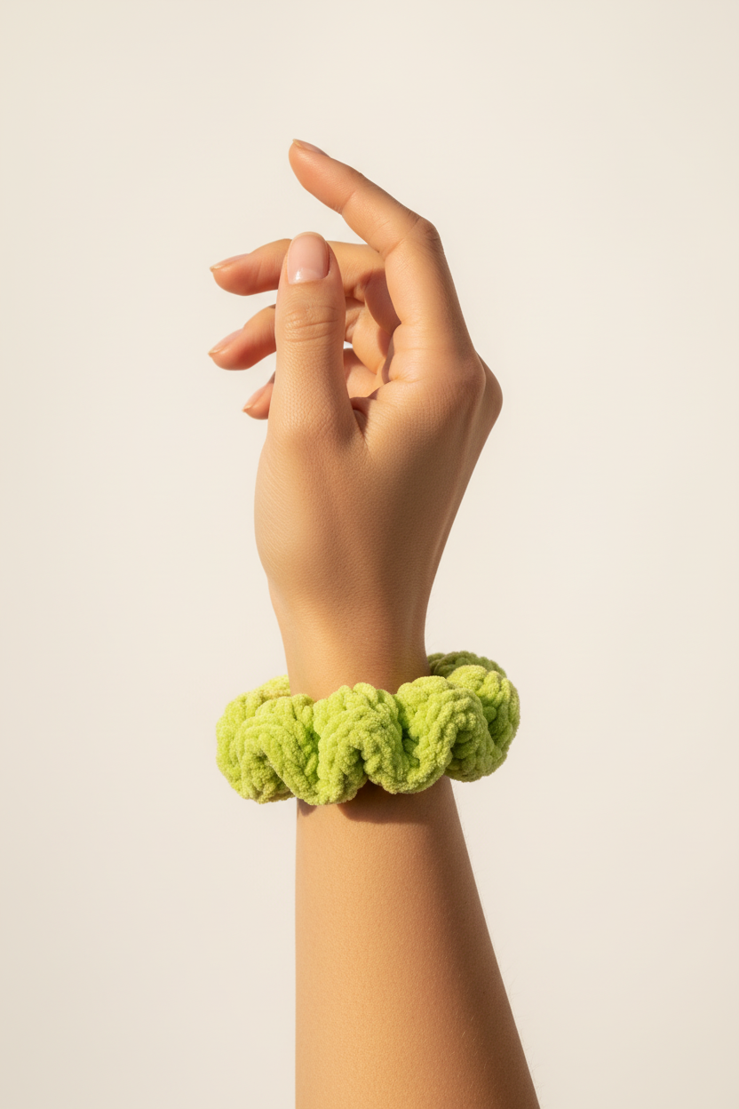 Lime Green Chenille Scrunchie Worn as Bracelet on Wrist