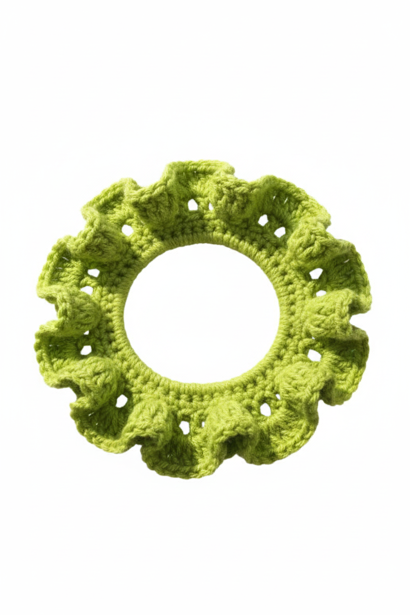 Lime Green Cotton Crocheted Hair Tie - Ruffled Flower Detail