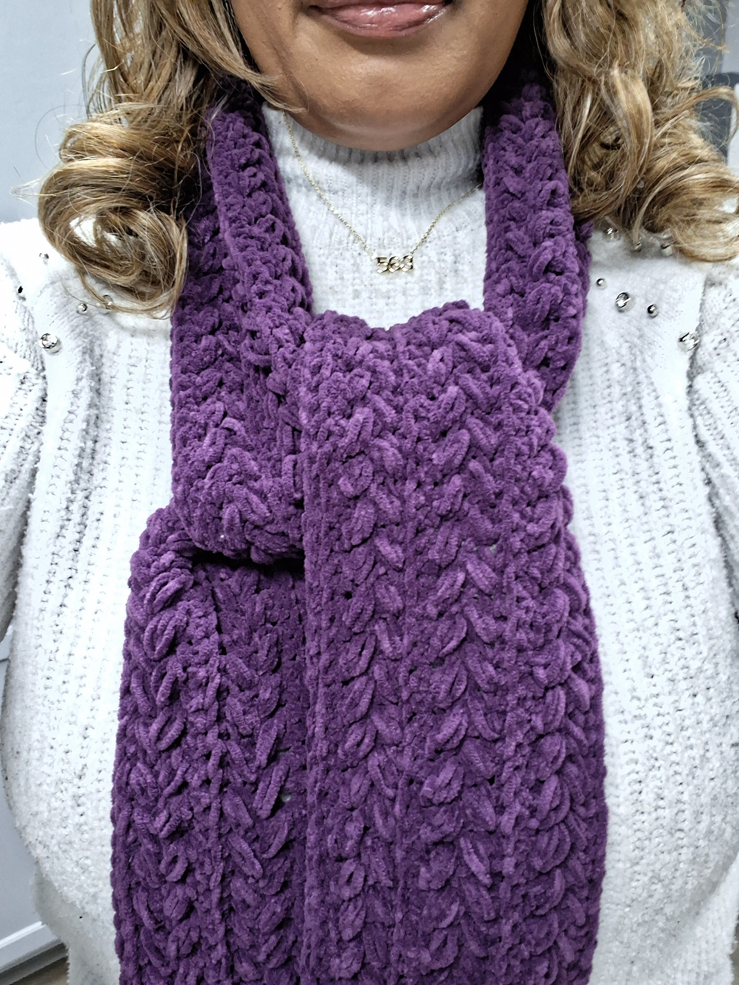 Luxe Purple Chenille Crochet Scarf – 80" Handmade Artisan Wrap