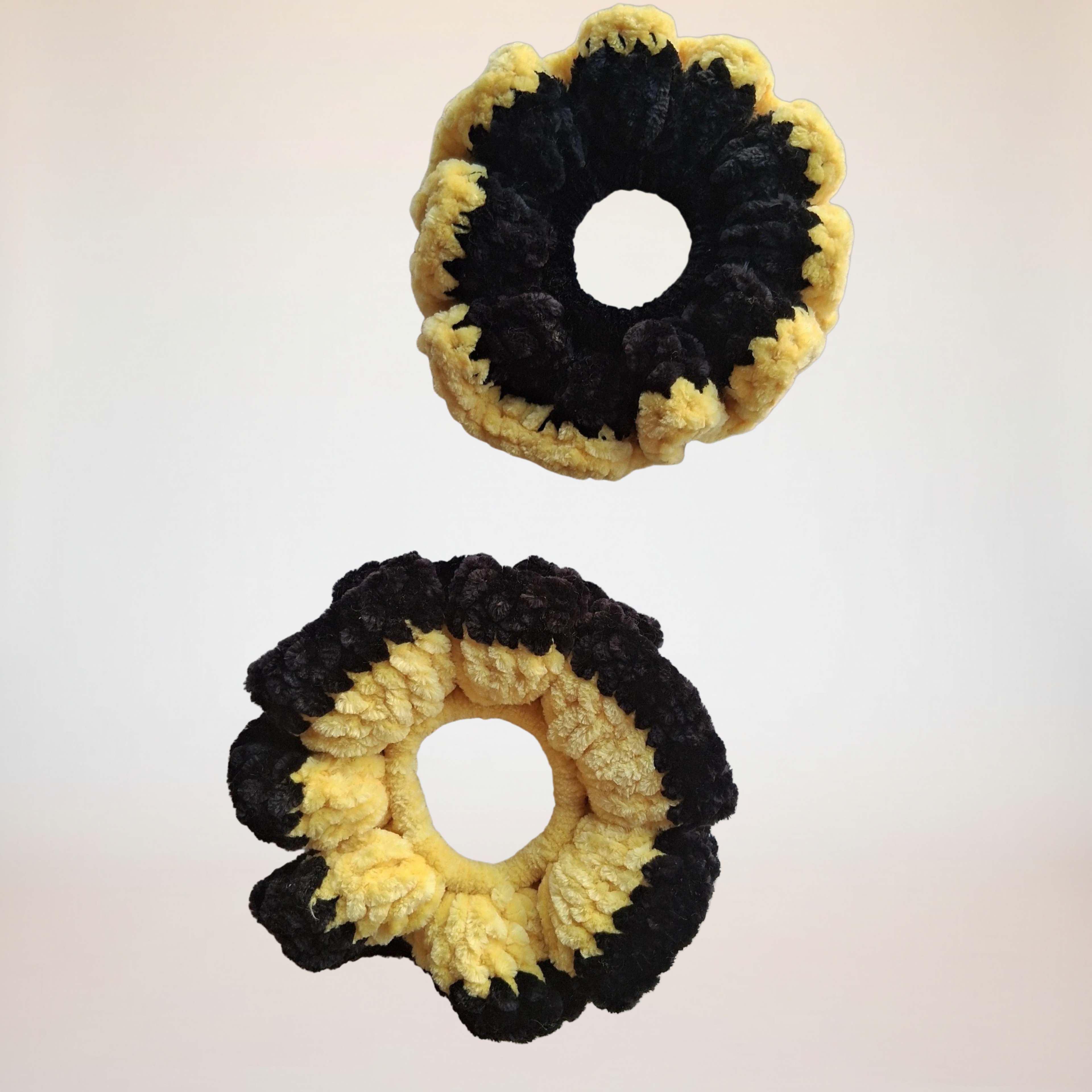 Black Velvet Scrunchie with Yellow Trim - Handmade Crochet Hair Tie